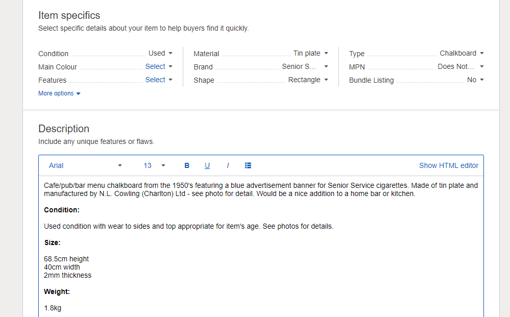 ebay listing item specifics and description