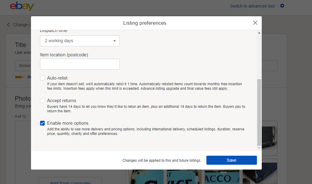 ebay listing preferences